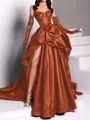 classy A-line Sweetheart Pleated Chapel Train Satin Dress
