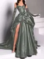 classy A-line Sweetheart Pleated Chapel Train Satin Dress