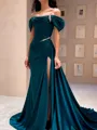 Fashion Sheath Cold Shoulder Pleated Court Train Silk Like Satin Dress