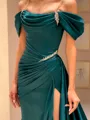 Fashion Sheath Cold Shoulder Pleated Court Train Silk Like Satin Dress