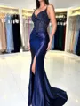 Splendid Sheath V-Neck Appliques Lace Sweep Train Silk Like Satin Corset Dress