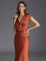 Stunning Sheath V-Neck Short Sleeves Pleated Ankle-Length Silk like Satin Bridesmaid Dress