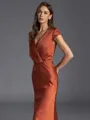 Stunning Sheath V-Neck Short Sleeves Pleated Ankle-Length Silk like Satin Bridesmaid Dress