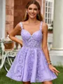 Princess A-line V-neck Tulle Corset Short/Mini Dress With Appliques Lace