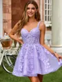 Princess A-line V-neck Tulle Corset Short/Mini Dress With Appliques Lace