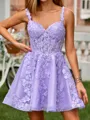 Princess A-line V-neck Tulle Corset Short/Mini Dress With Appliques Lace