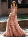Gracious A-line Straight Sequin Sweep Train Tulle Corset Dress