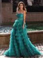 Gracious A-line Straight Sequin Sweep Train Tulle Corset Dress