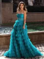 Gracious A-line Straight Sequin Sweep Train Tulle Corset Dress