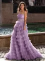 Gracious A-line Straight Sequin Sweep Train Tulle Corset Dress