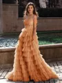 Gracious A-line Straight Sequin Sweep Train Tulle Corset Dress