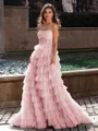 Gracious A-line Straight Sequin Sweep Train Tulle Corset Dress