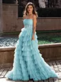 Gracious A-line Straight Sequin Sweep Train Tulle Corset Dress