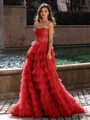 Gracious A-line Straight Sequin Sweep Train Tulle Corset Dress