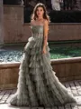 Gracious A-line Straight Sequin Sweep Train Tulle Corset Dress