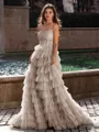 Gracious A-line Straight Sequin Sweep Train Tulle Corset Dress