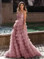 Gracious A-line Straight Sequin Sweep Train Tulle Corset Dress