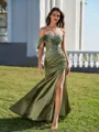 Radiant Sheath One-Shoulder Appliques Lace Court Train Silk Like Satin Corset Dress