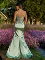 Tasteful Sheath V-Neck Appliques Lace Sweep Train Silk Like Satin Corset Dress