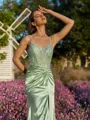 Tasteful Sheath V-Neck Appliques Lace Sweep Train Silk Like Satin Corset Dress