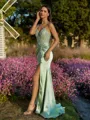 Tasteful Sheath V-Neck Appliques Lace Sweep Train Silk Like Satin Corset Dress