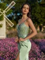 Tasteful Sheath V-Neck Appliques Lace Sweep Train Silk Like Satin Corset Dress