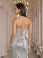 Understated Sheath Cowl Pleated Court Train Metallic Satin Corset Dress