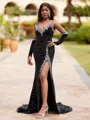 Luxurious Sheath V-Neck Long Sleeves Beading Court Train Velvet Sequins Dress