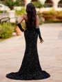 Luxurious Sheath V-Neck Long Sleeves Beading Court Train Velvet Sequins Dress