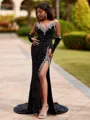 Luxurious Sheath V-Neck Long Sleeves Beading Court Train Velvet Sequins Dress