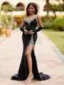 Luxurious Sheath V-Neck Long Sleeves Beading Court Train Velvet Sequins Dress