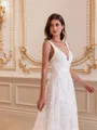 Charming A-line V-Neck Appliques Lace Court Train Lace Wedding Dress