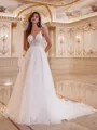 Stylish A-line V-Neck Appliques Lace Chapel Train Tulle Wedding Dress