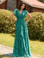 Opulent A-line V-Neck Short Sleeves Ruffles Floor-Length Chiffon Bridesmaid Dress