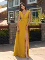 Unique A-line V-Neck Cap Sleeves Appliques Lace Floor-Length Chiffon Bridesmaid Dress