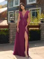 Unique A-line V-Neck Cap Sleeves Appliques Lace Floor-Length Chiffon Bridesmaid Dress