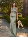 Perfect Sheath V-Neck Pleated Floor-Length Silk like Satin Bridesmaid Dress
