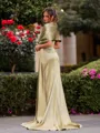 Glam Sheath Off-the-Shoulder Pleated Court Train Silk like Satin Bridesmaid Dress