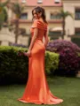 Splendid Sheath Scoop Pleated Sweep Train Silk like Satin Bridesmaid Dress