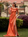 Splendid Sheath Scoop Pleated Sweep Train Silk like Satin Bridesmaid Dress