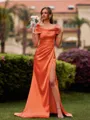 Splendid Sheath Scoop Pleated Sweep Train Silk like Satin Bridesmaid Dress