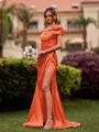 Splendid Sheath Scoop Pleated Sweep Train Silk like Satin Bridesmaid Dress