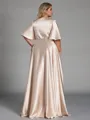 Glamorous A-line V-Neck Short Sleeves Sash/Ribbon/Belt Floor-Length Silk Like Satin Corset Plus Size Bridesmaid Dress