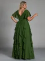 Delicate A-line V-Neck Short Sleeves Ruffles Floor-Length Chiffon Corset Plus Size Bridesmaid Dress