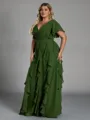Delicate A-line V-Neck Short Sleeves Ruffles Floor-Length Chiffon Corset Plus Size Bridesmaid Dress