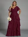 Delicate A-line V-Neck Short Sleeves Ruffles Floor-Length Chiffon Corset Plus Size Bridesmaid Dress