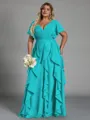 Delicate A-line V-Neck Short Sleeves Ruffles Floor-Length Chiffon Corset Plus Size Bridesmaid Dress