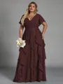 Delicate A-line V-Neck Short Sleeves Ruffles Floor-Length Chiffon Corset Plus Size Bridesmaid Dress