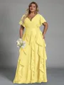 Delicate A-line V-Neck Short Sleeves Ruffles Floor-Length Chiffon Corset Plus Size Bridesmaid Dress