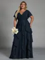 Delicate A-line V-Neck Short Sleeves Ruffles Floor-Length Chiffon Corset Plus Size Bridesmaid Dress